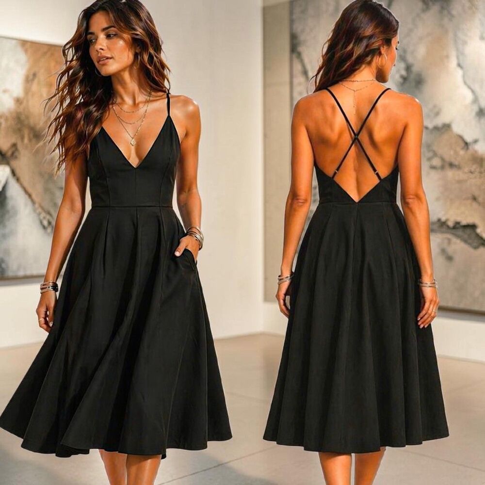 Dark Feminine XS Black Midi Dress Cocktail Babydoll Empire Waist Minimalist Chic